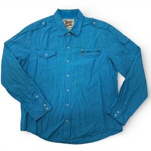 JNCO Button Up Shirt Mens XXL Turquoise Blue Gingham Zip Pocket Long Sleeve
